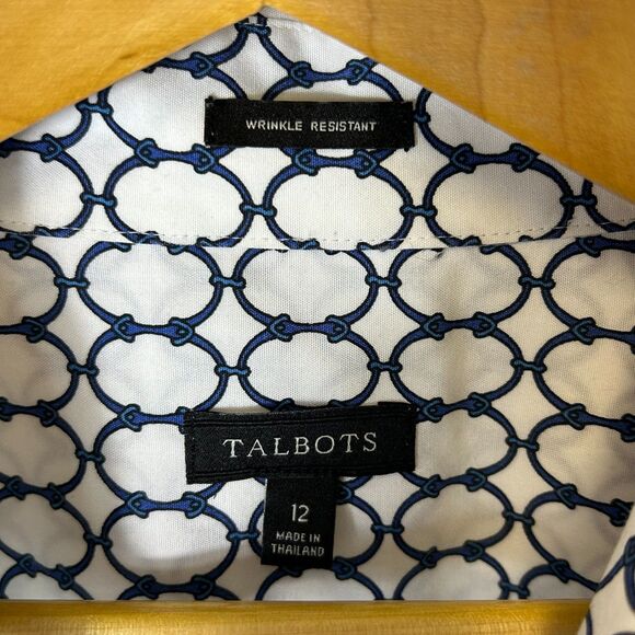 Talbots White Blue Chain Print Wrinkle Resistant LS Button Front Shirt Size 12 - Picture 5 of 15